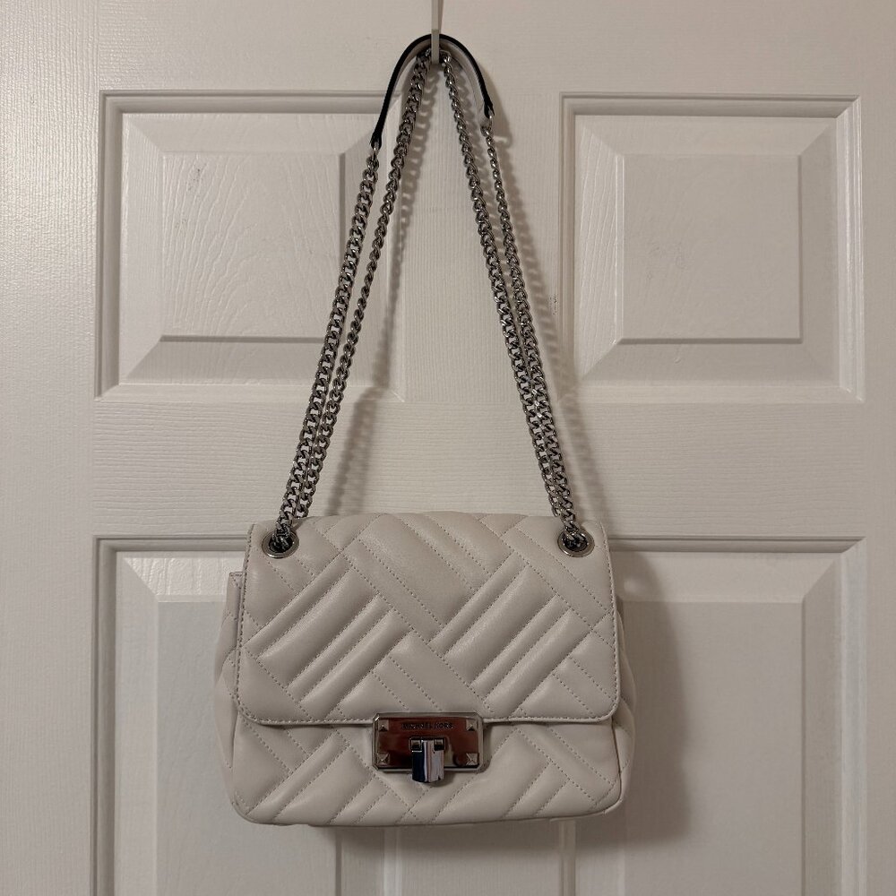 Michael Kors Peyton Medium Quilted Shoulder Bag White Silver Hardware